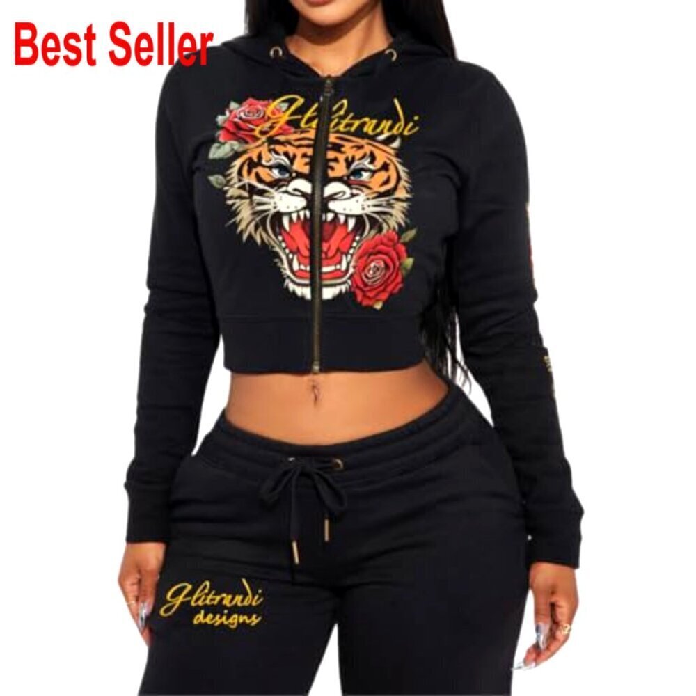 Cropped Hoodie & Sweatpants Set, 100% Polyester, S-XXL, Casual Wear - Picture 2 of 3